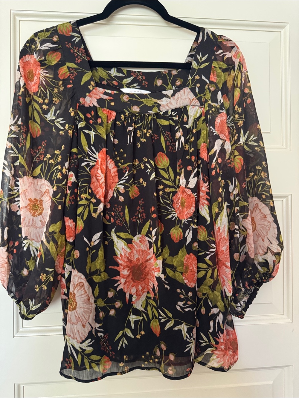 LC Lauren Conrad Black Floral Peasant Blouse with Coral & Olive